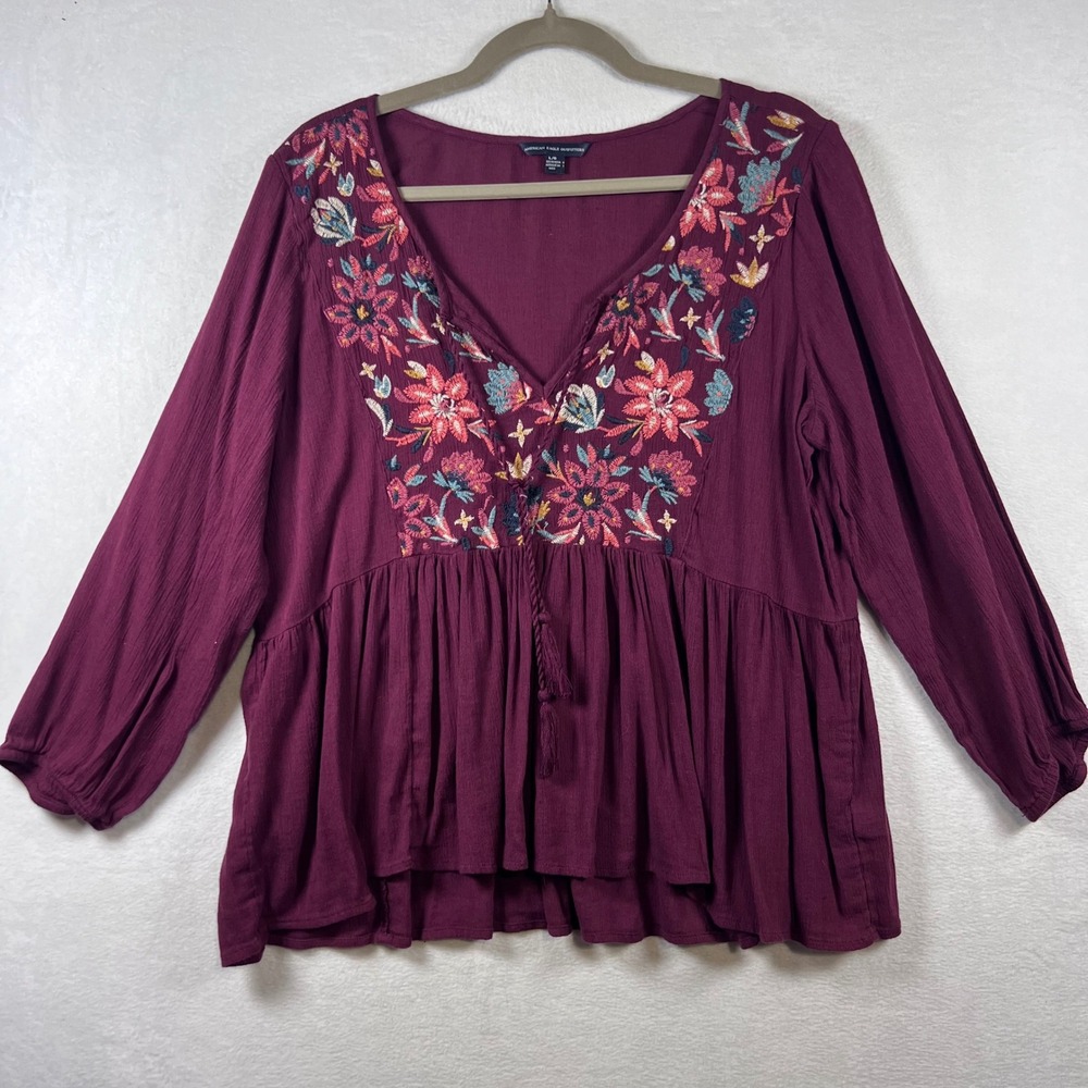 American Eagle Floral Embroidered Babydoll Top Burgundy Boho Tassel Blouse L